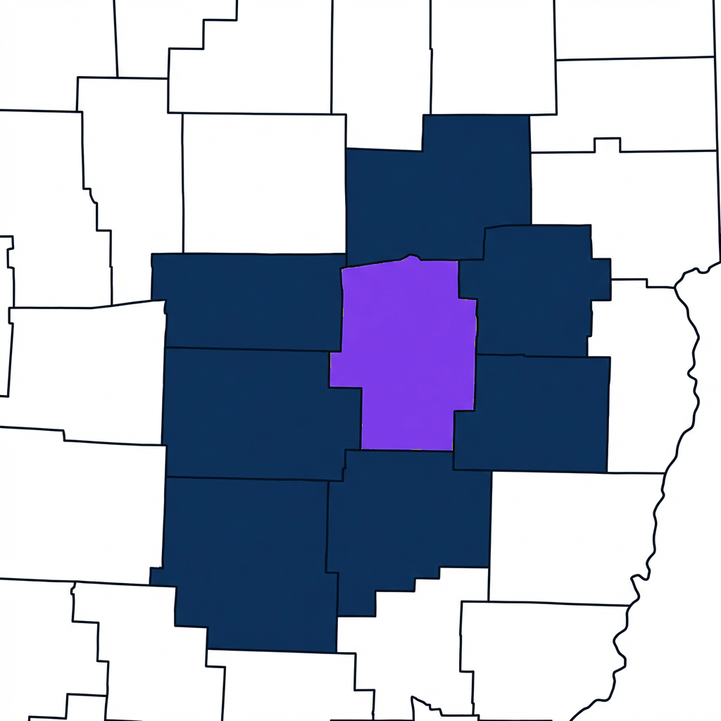 Map of Ohio highlighting Tuscarawas and surrounding counties